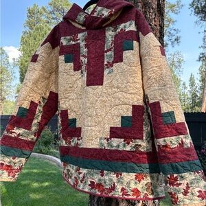 Quilted Hooded Patchwork Pullover Jacket - Burgundy, Cream & Green